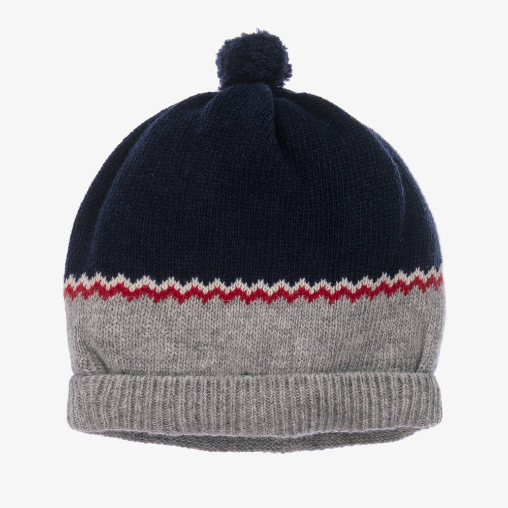 Foque - Boys Blue & Grey Wool Knit Pom-Pom Hat | Childrensalon