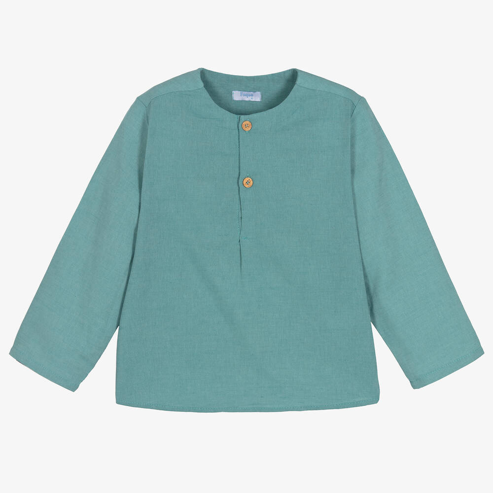 Foque - Boys Blue Linen Collarless Shirt | Childrensalon