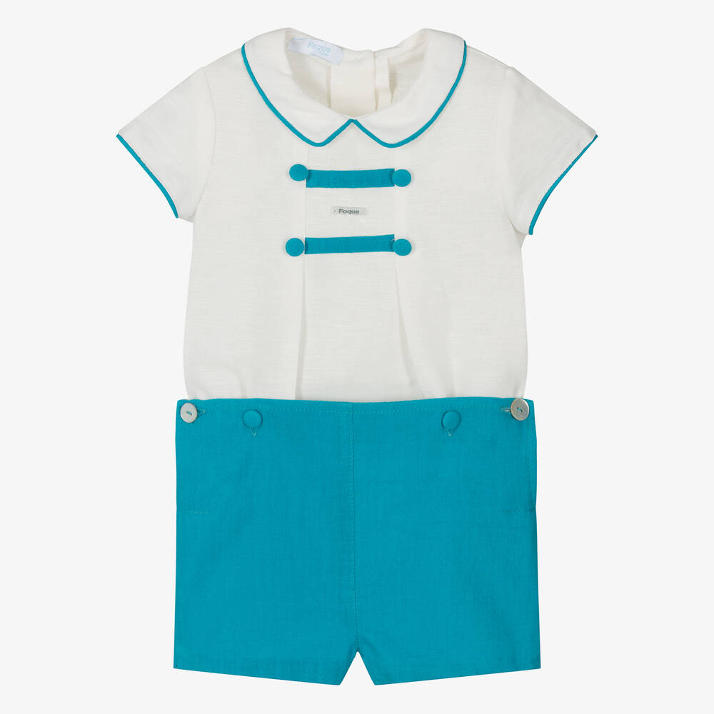 Foque-بِدلة رسمية قطن وكتان لون عاجي وأزرق تركواز | Childrensalon Outlet