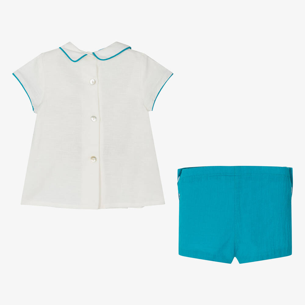 فوكيه-بِدلة رسمية قطن وكتان لون عاجي وأزرق تركواز | Childrensalon Outlet