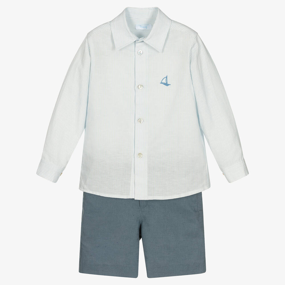 Foque - Blaues Leinen-Top & Shorts Set  | Childrensalon