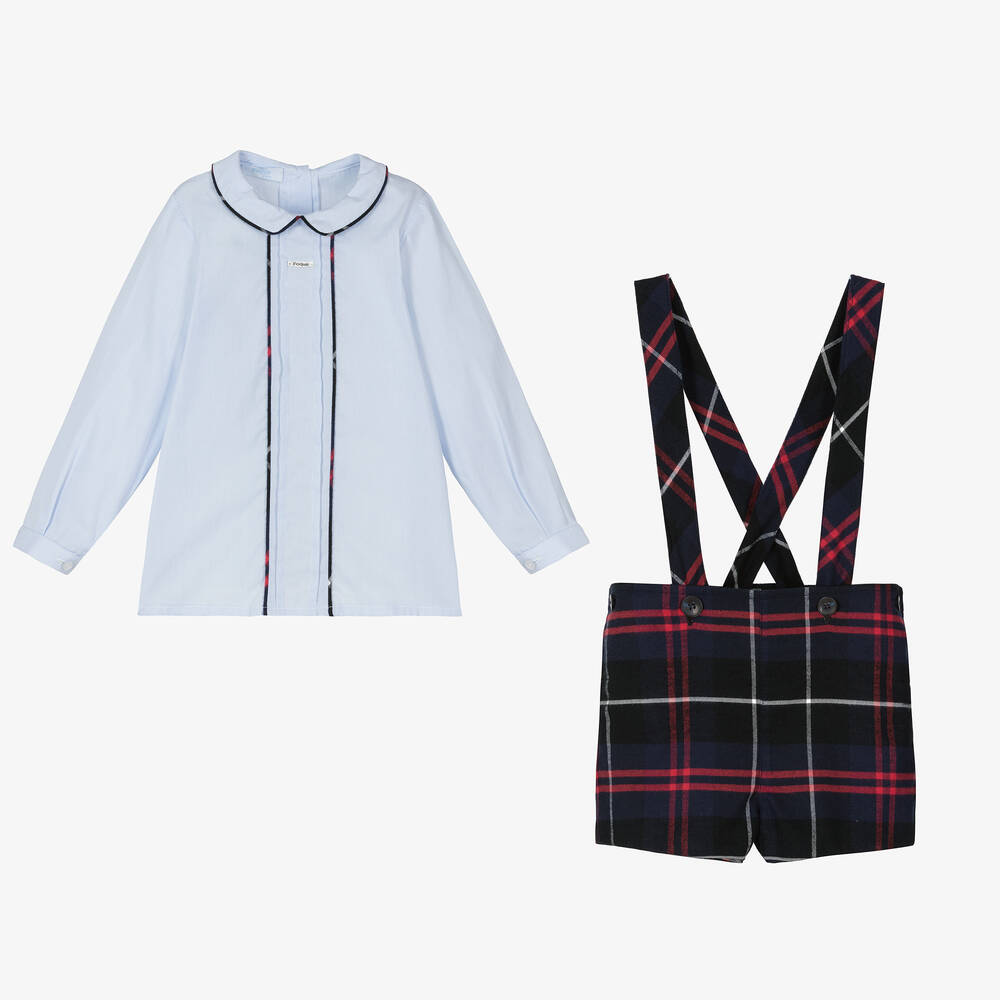 فوكيه-طقم شورت قطن تارتان لون كحلي وأحمر للأولاد | Childrensalon Outlet