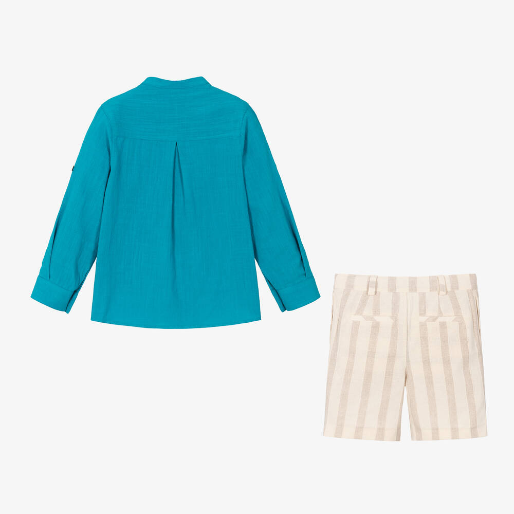 فوكيه-طقم شورت قطن لون أزرق وبيج للأولاد | Childrensalon Outlet