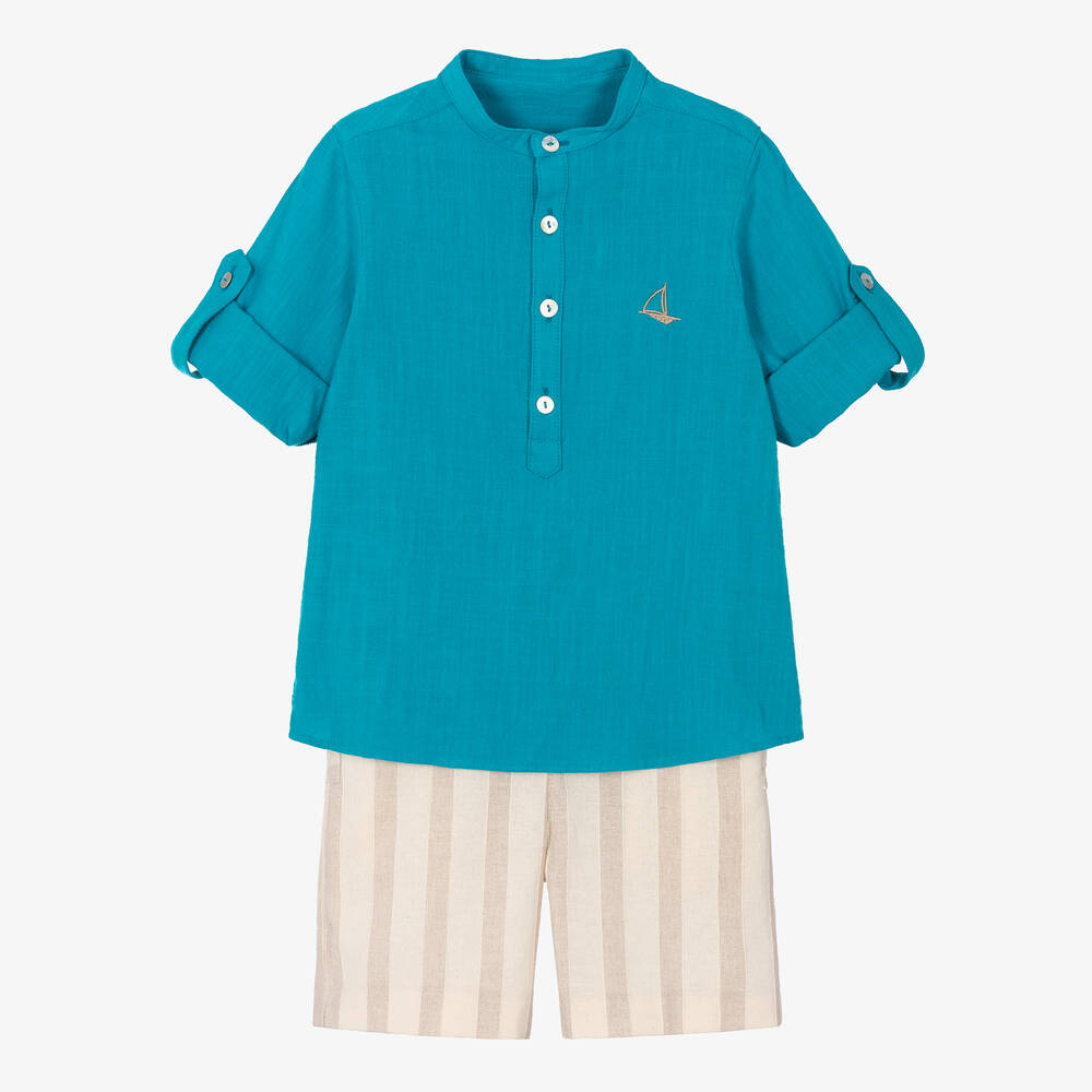 Foque-Boys Blue Shirt & Beige Shorts Set | Childrensalon Outlet