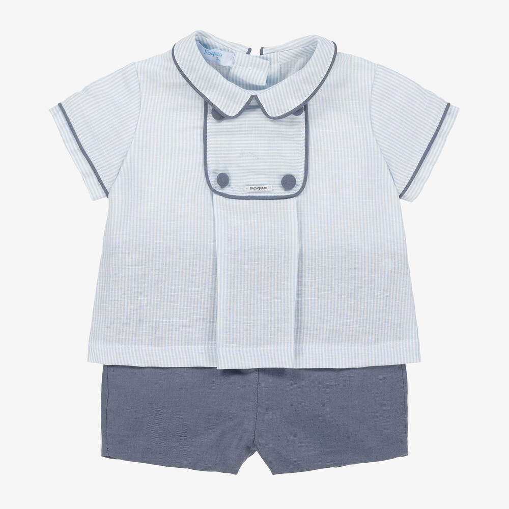 Foque - Boys Blue Stripe Linen Shorts Set | Childrensalon