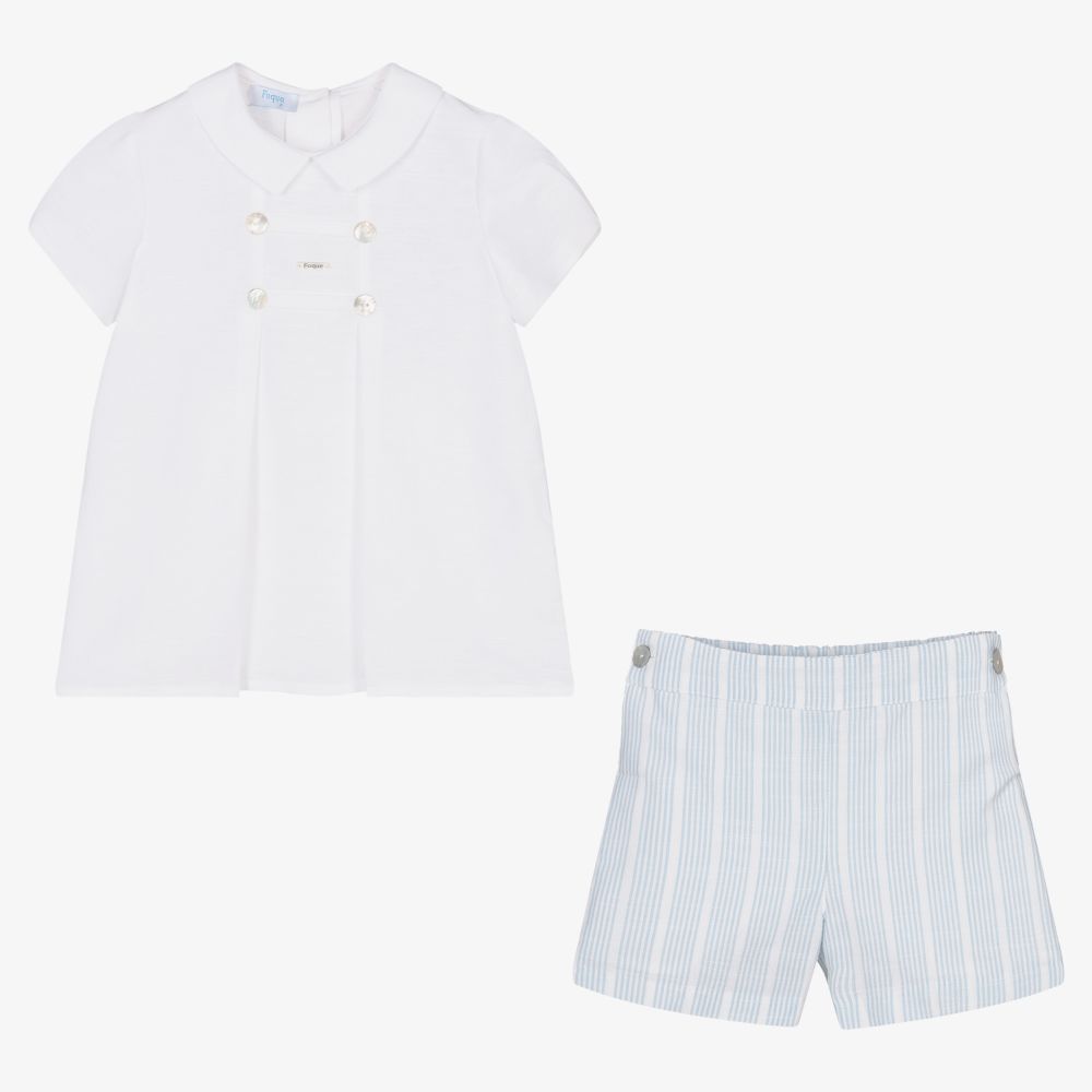 Foque-طقم شورت مزيج قطن وكتان لون أزرق وأبيض للأولاد | Childrensalon Outlet