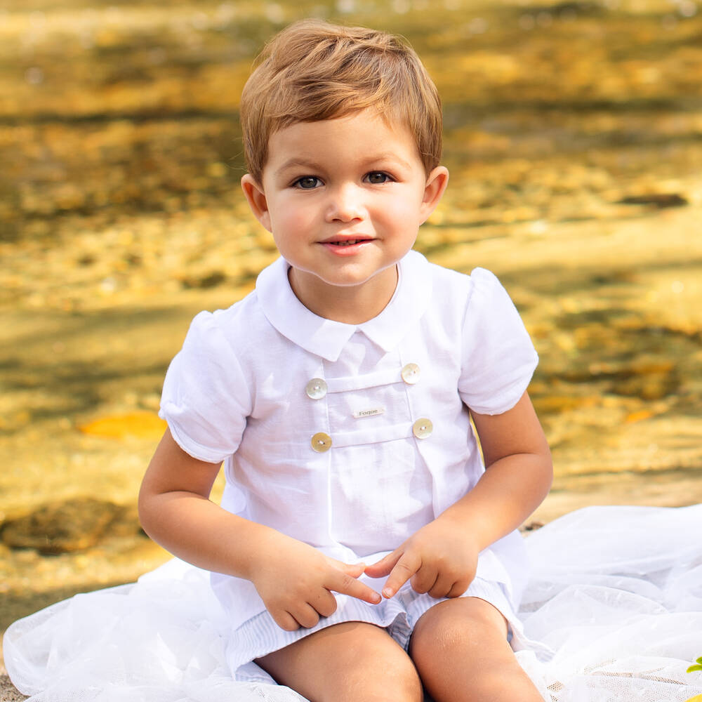 Foque-طقم شورت مزيج قطن وكتان لون أزرق وأبيض للأولاد | Childrensalon Outlet