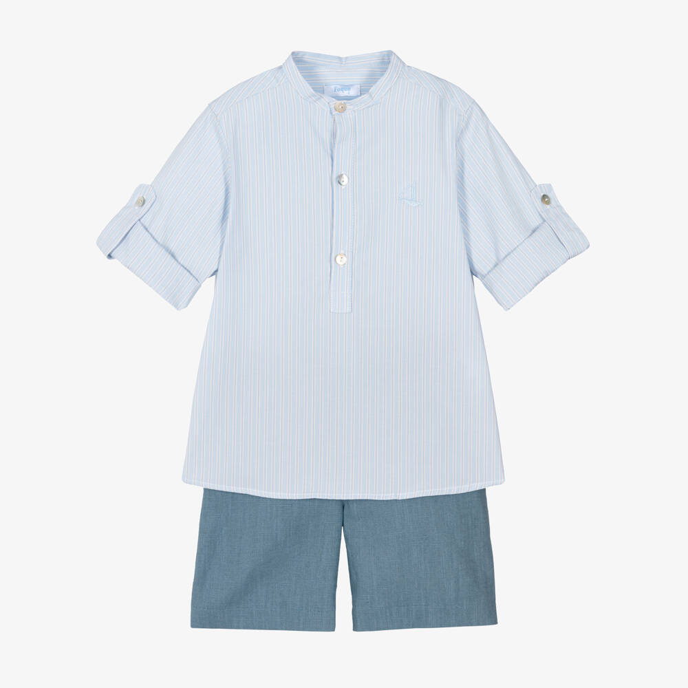 Foque-Boys Blue Striped Cotton & Linen Shorts Set | Childrensalon Outlet