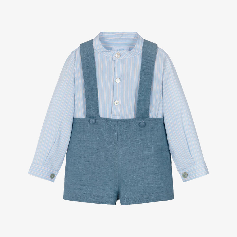 Foque-Boys Blue Striped Long Sleeved Shirt & Shorts Set | Childrensalon Outlet