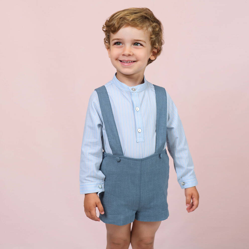 Foque-Boys Blue Striped Long Sleeved Shirt & Shorts Set | Childrensalon Outlet