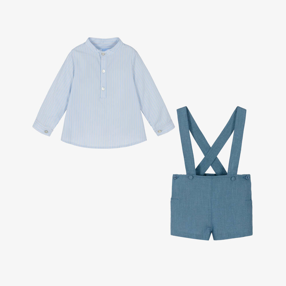 Foque-Boys Blue Striped Long Sleeved Shirt & Shorts Set | Childrensalon Outlet