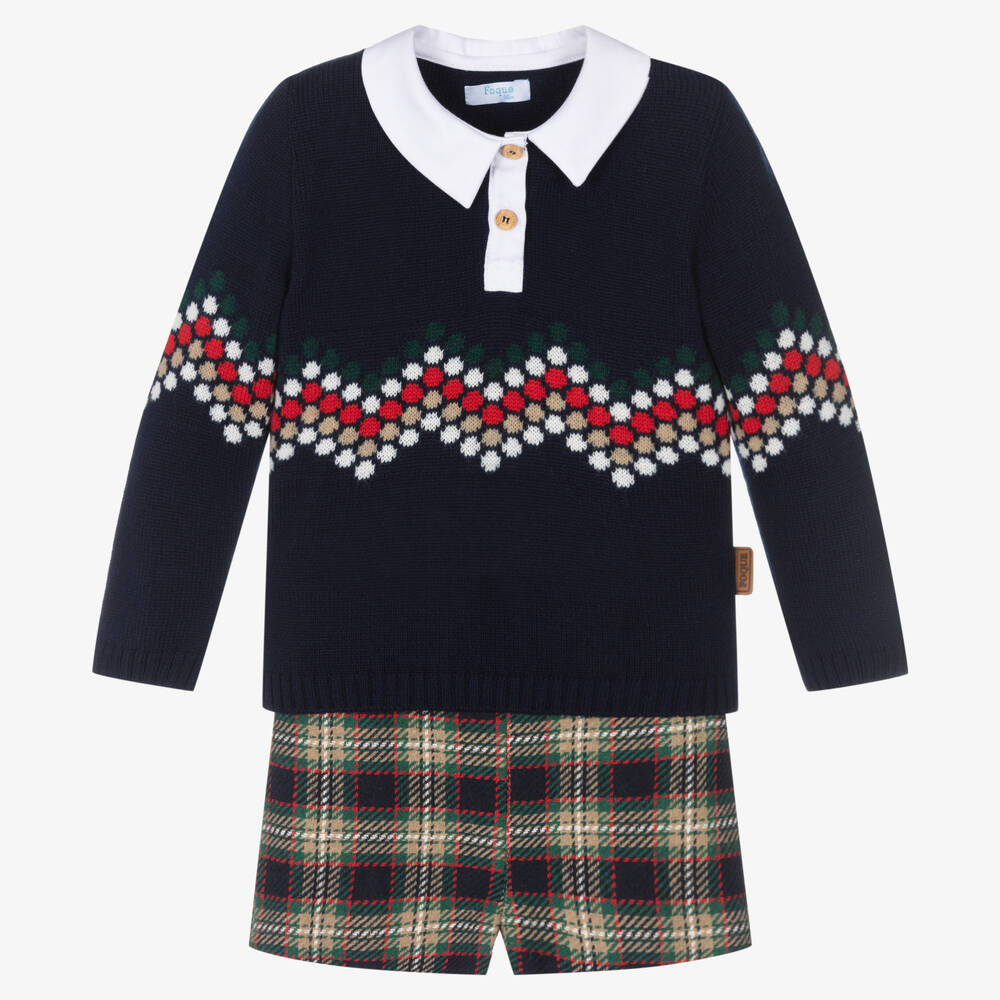 Foque - Boys Blue Tartan Knit Shorts Set | Childrensalon