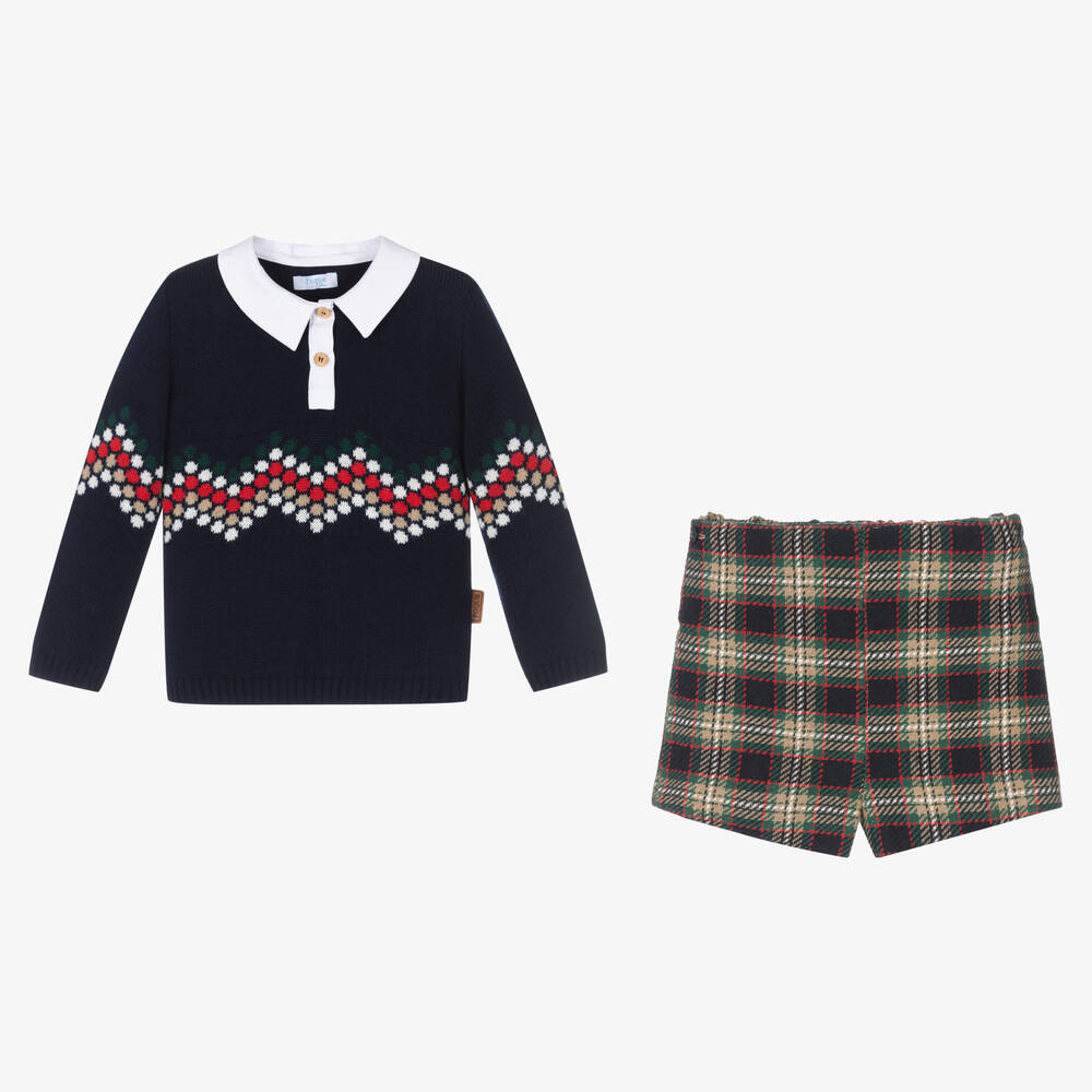 Foque-Boys Blue Tartan Knit Shorts Set | Childrensalon Outlet