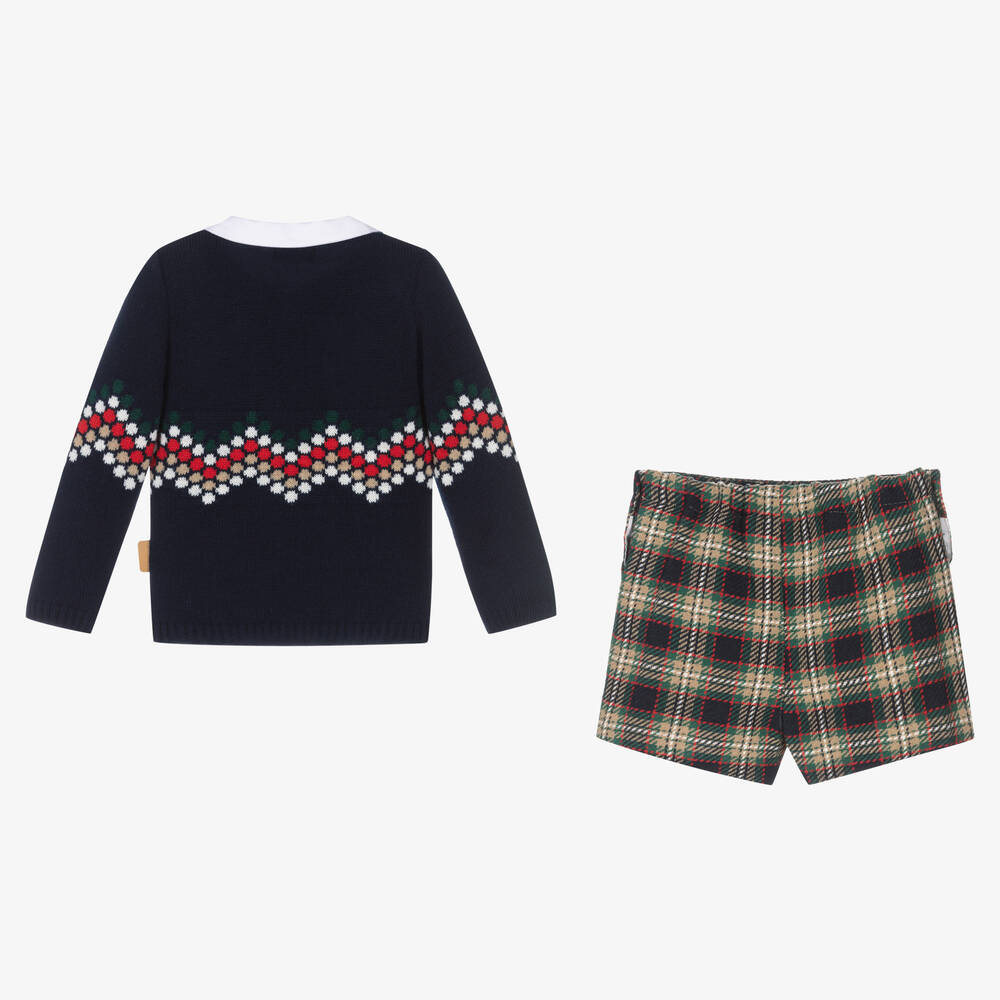 Foque-Boys Blue Tartan Knit Shorts Set | Childrensalon Outlet