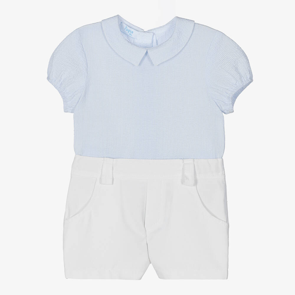 Foque - Boys Blue & White Cotton Shorts Set | Childrensalon