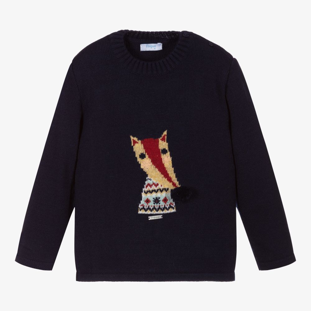 Foque -  Blauer Wollpullover mit Fuchs (J) | Childrensalon