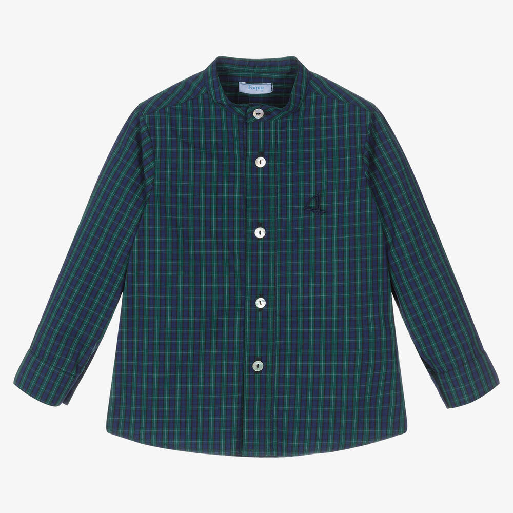 Foque - Boys Green & Blue Cotton Check Shirt | Childrensalon