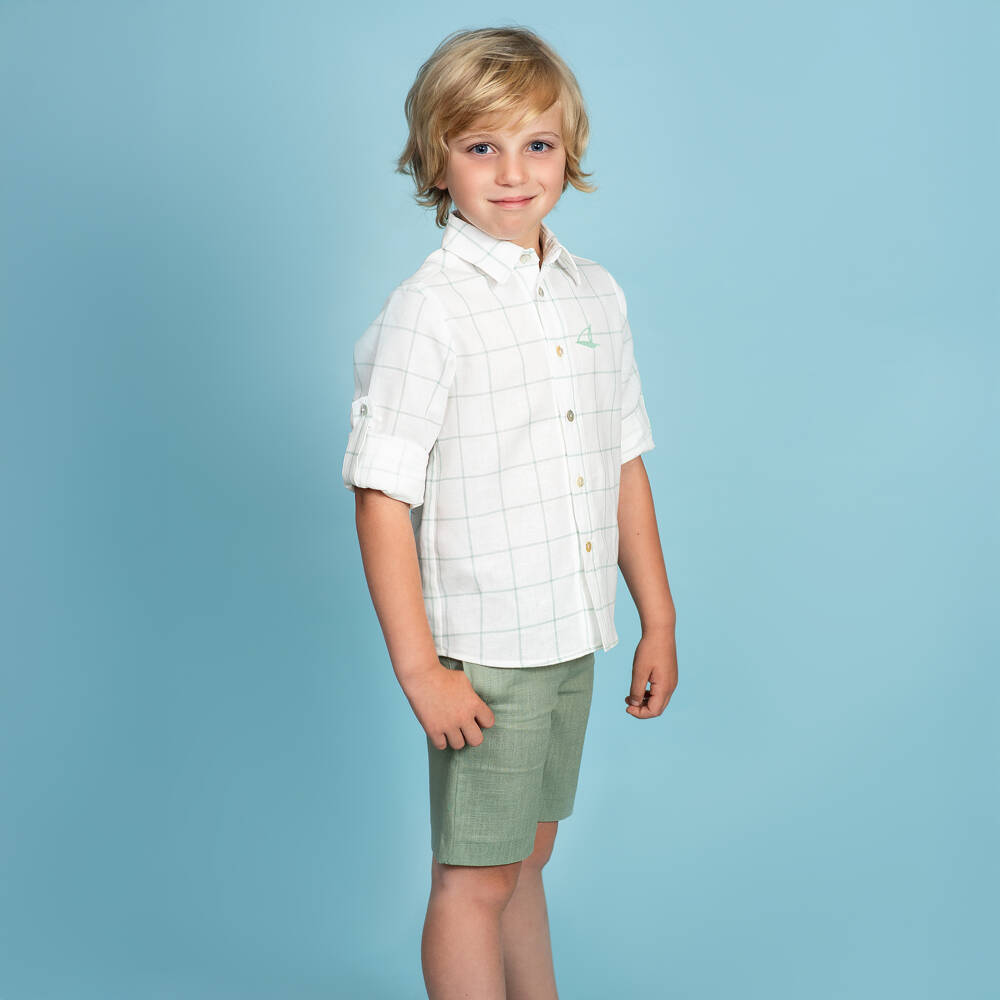 Foque-Boys Green Check Linen Shorts Ensemble | Childrensalon Outlet