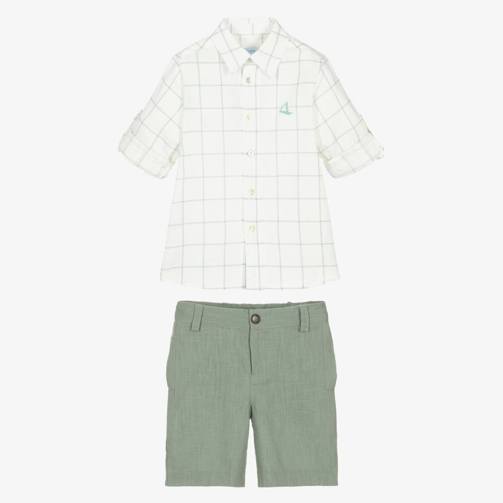 Foque-Boys Green Check Linen Shorts Ensemble | Childrensalon Outlet