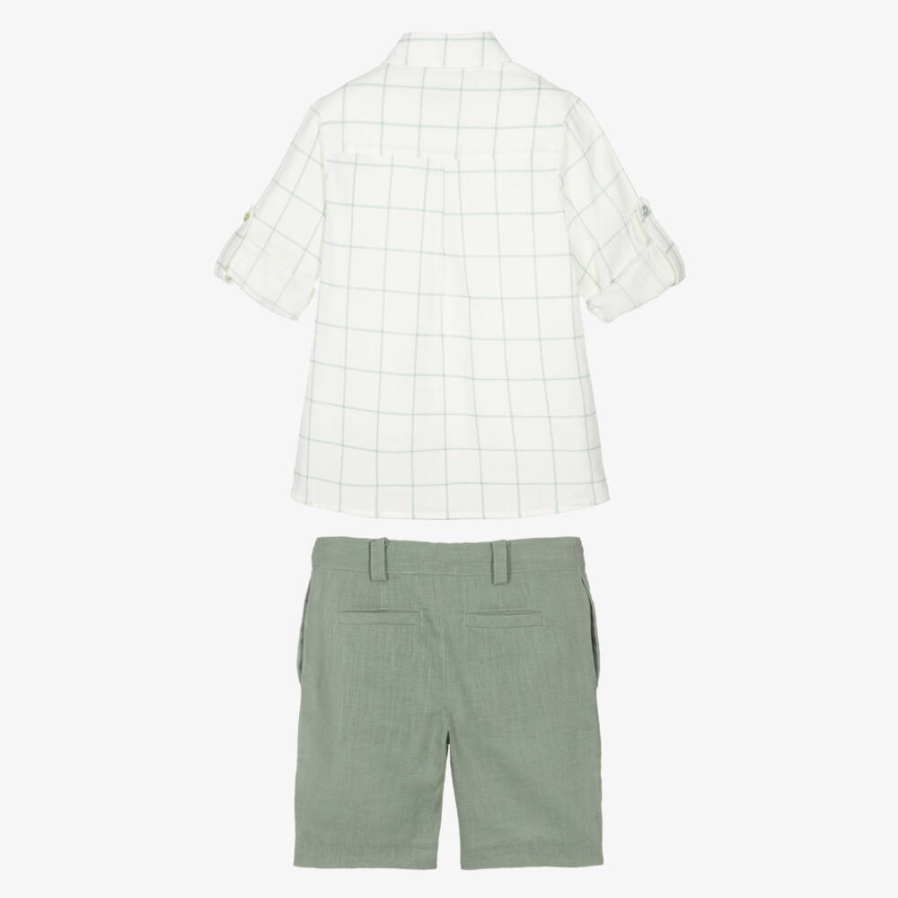Foque-Boys Green Check Linen Shorts Ensemble | Childrensalon Outlet