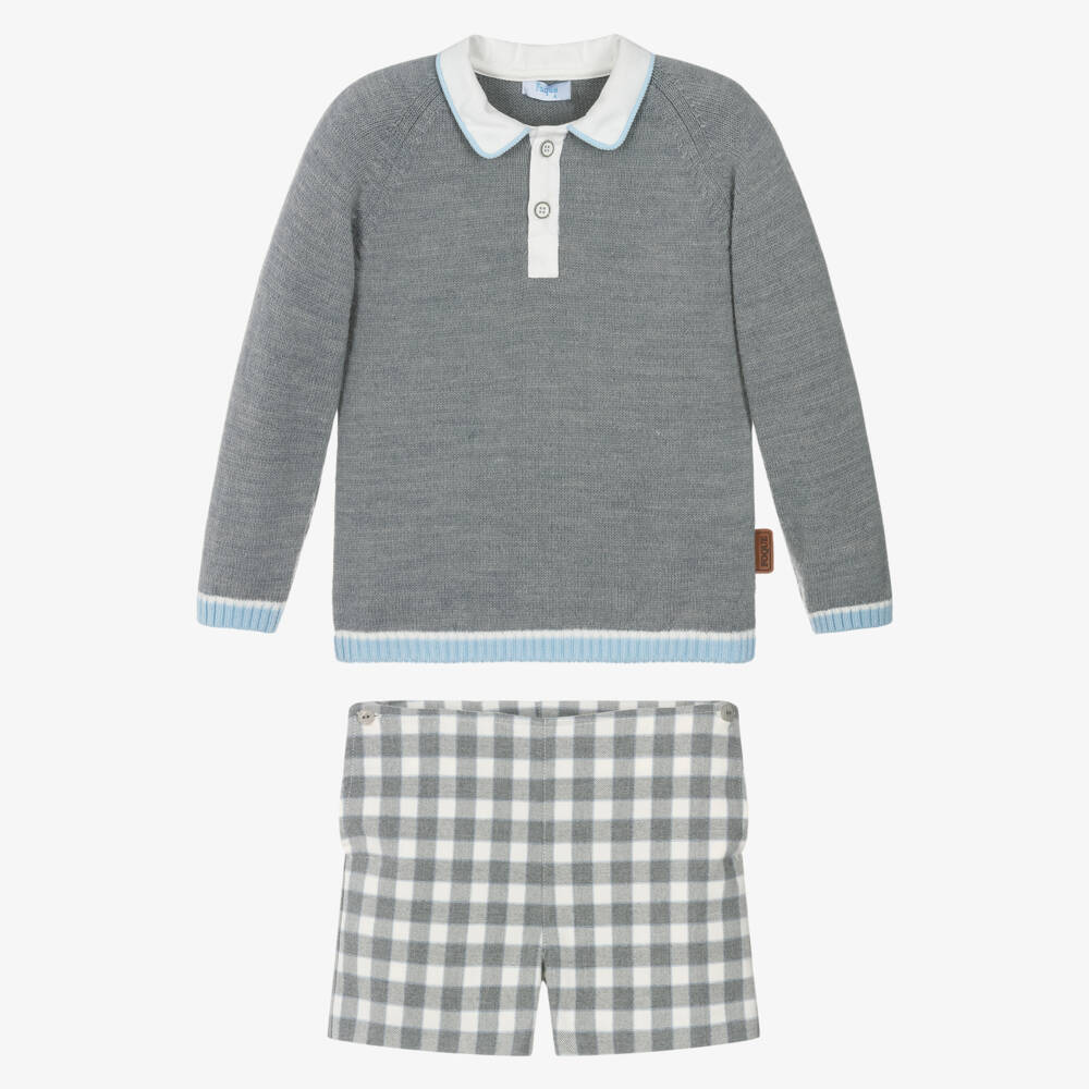Foque-Boys Grey Knitted Sweater & Checked Shorts Set | Childrensalon Outlet