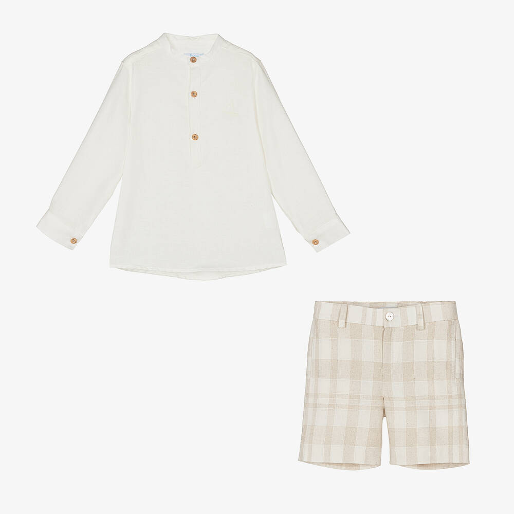 Foque-Boys Ivory & Beige Check Linen Shorts Set | Childrensalon Outlet