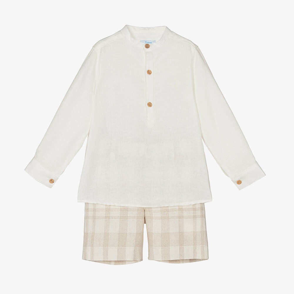 Foque - Leinen-Top & Karo-Shorts elf./beige | Childrensalon