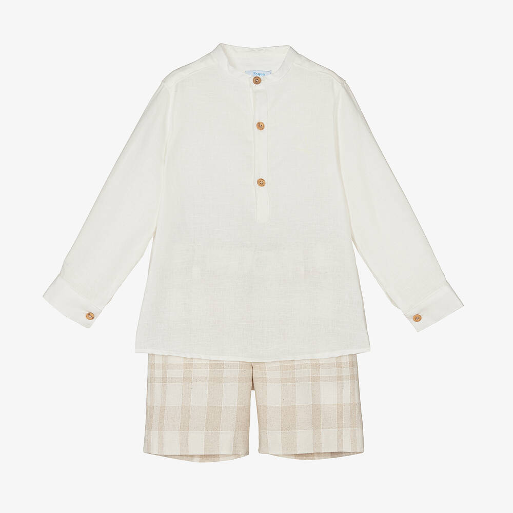 Foque - Boys Ivory & Beige Check Linen Shorts Set | Childrensalon