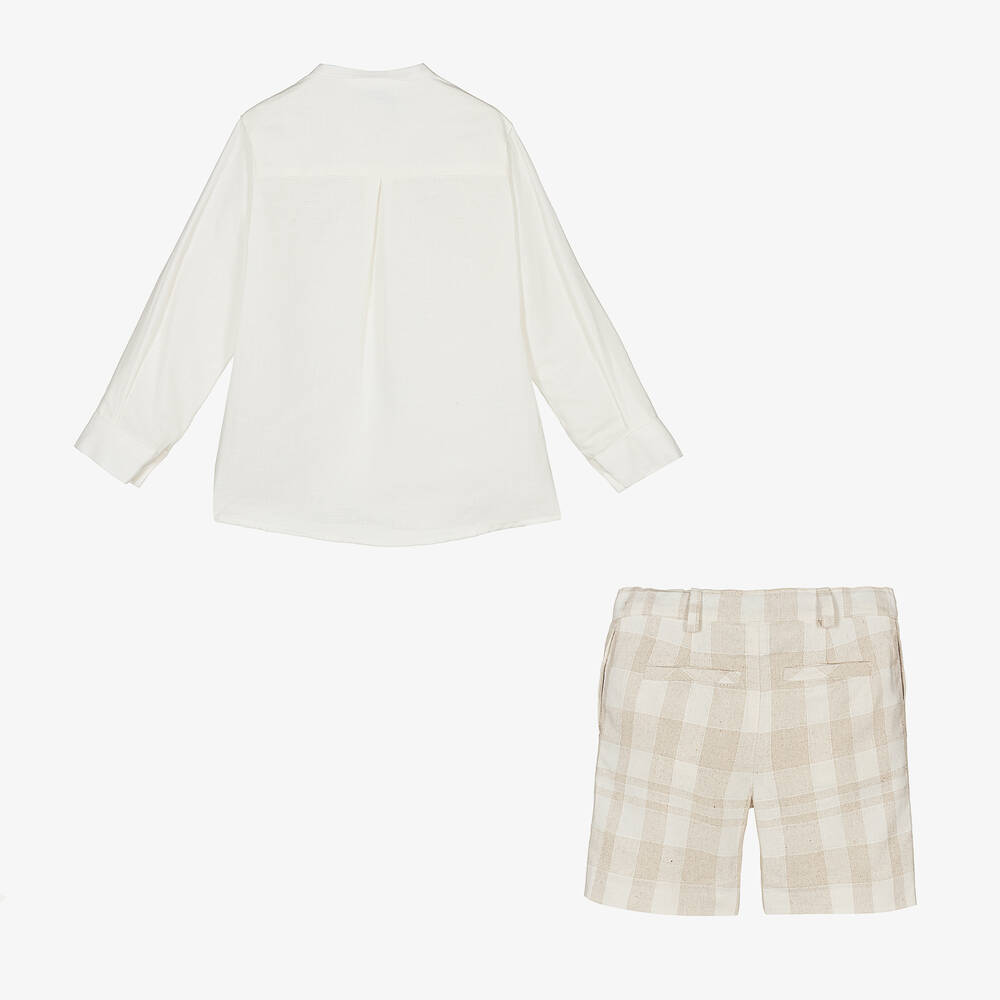Foque-Boys Ivory & Beige Check Linen Shorts Set | Childrensalon Outlet