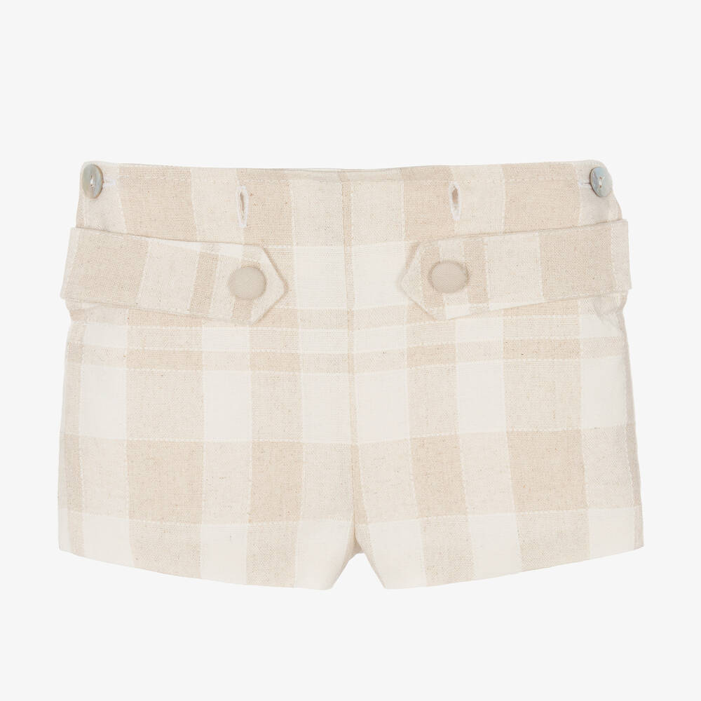 فوكيه-طقم شورت مزيج قطن وكتان كاروهات لون عاجي وبيج | Childrensalon Outlet