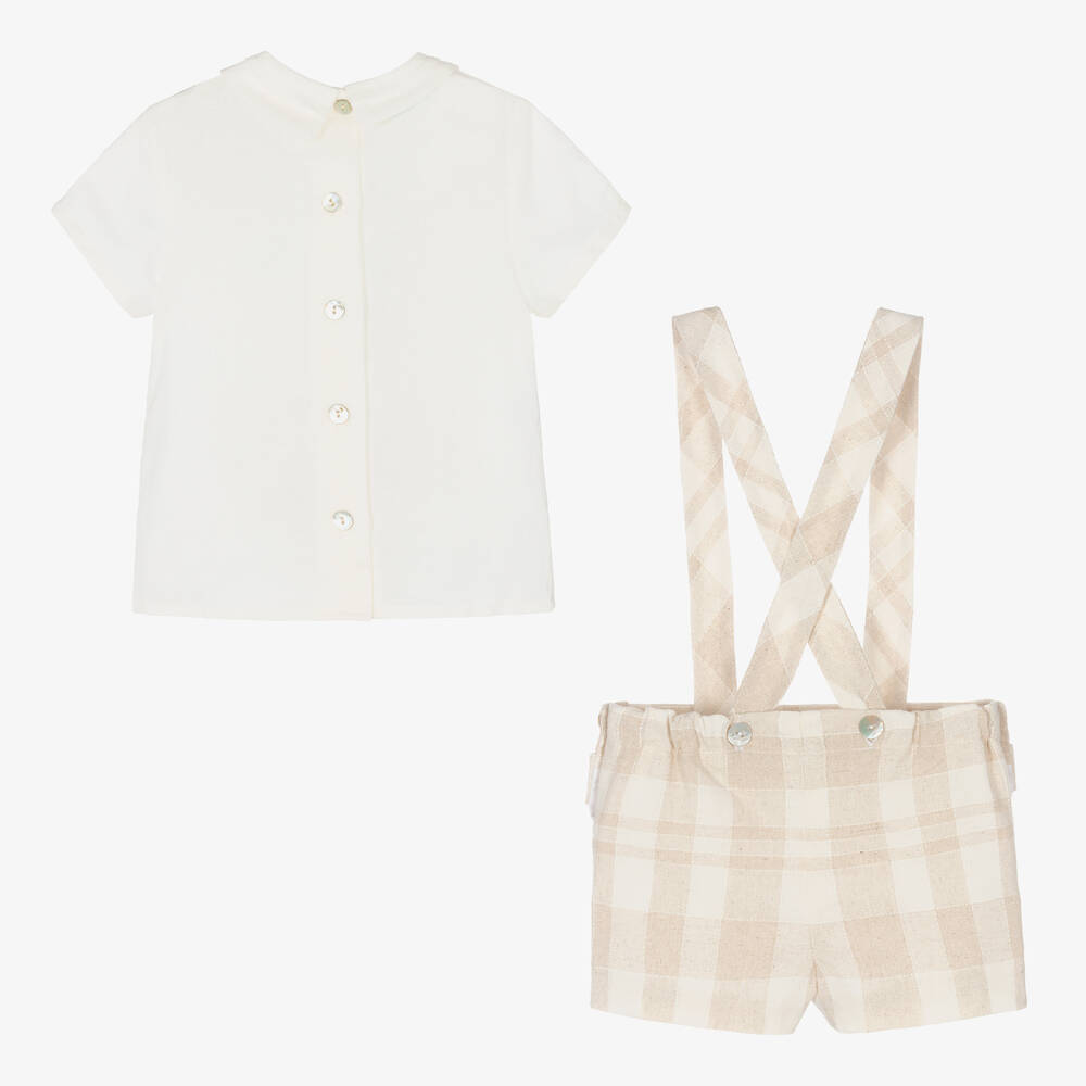 فوكيه-طقم شورت مزيج قطن وكتان كاروهات لون عاجي وبيج | Childrensalon Outlet