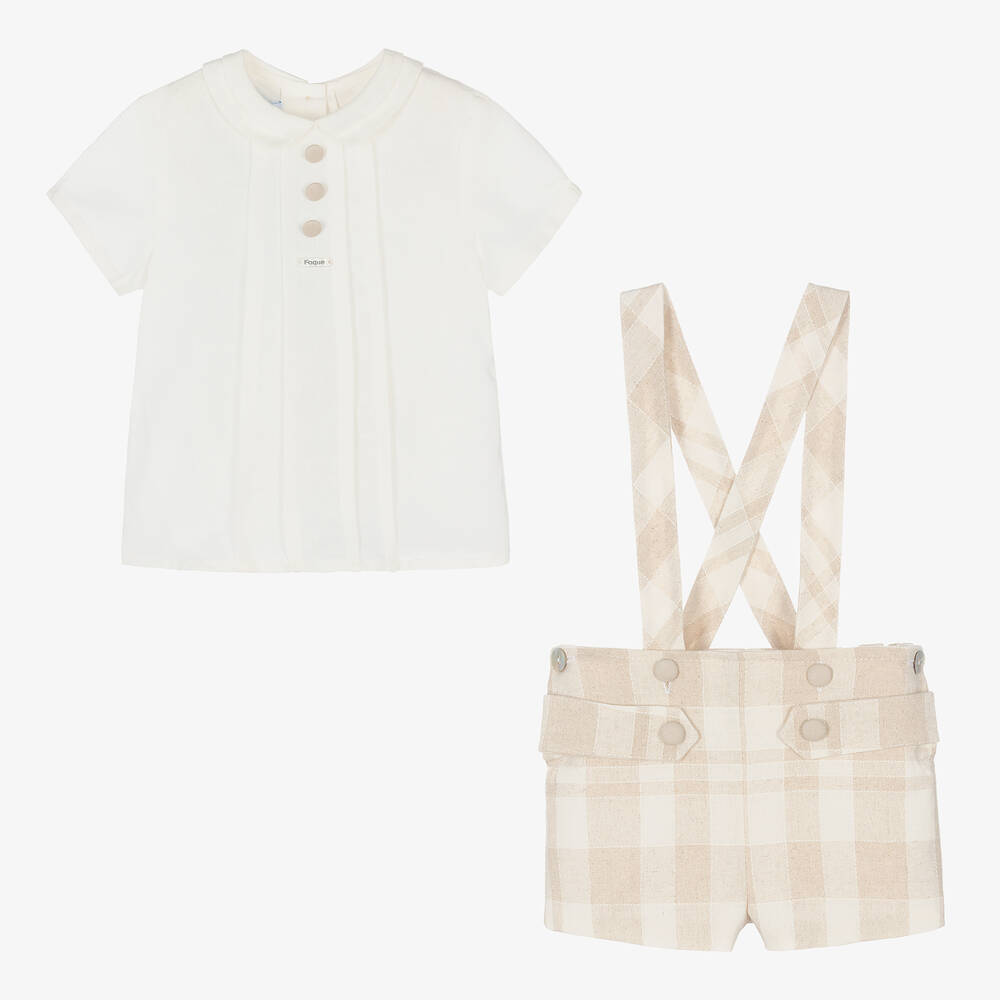 فوكيه-طقم شورت مزيج قطن وكتان كاروهات لون عاجي وبيج | Childrensalon Outlet
