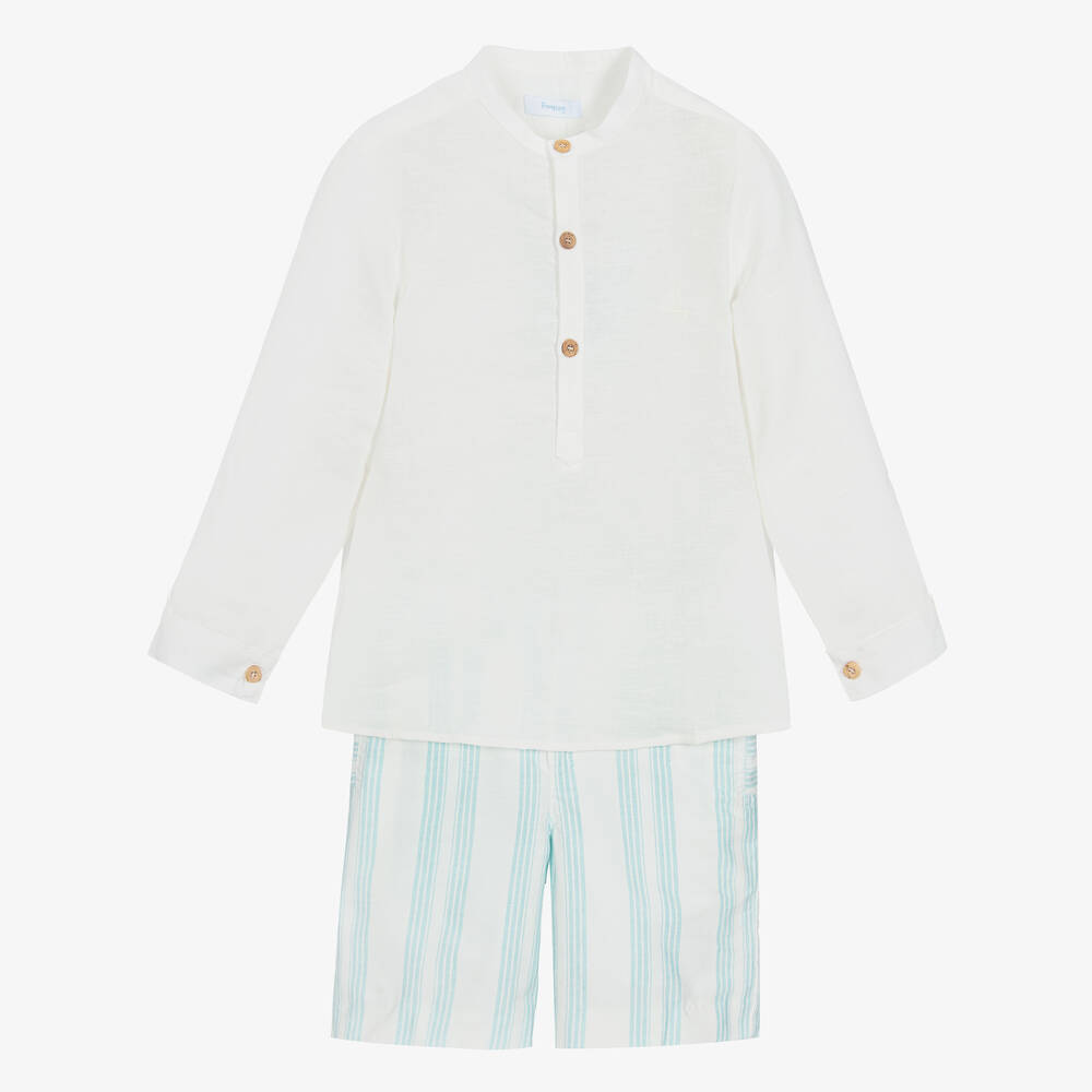 Foque - Boys Ivory & Blue Striped Cotton Shorts Set | Childrensalon