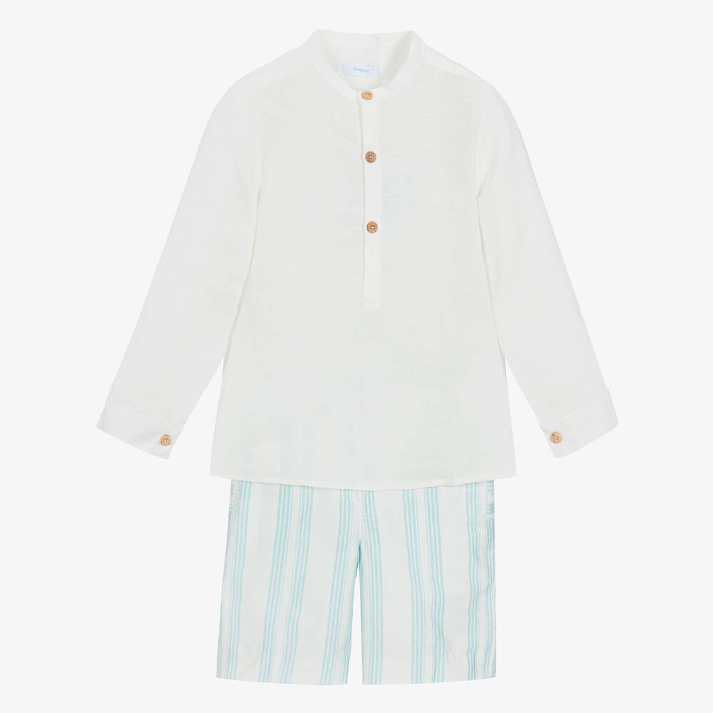 Foque-Boys Ivory & Blue Striped Cotton Shorts Set | Childrensalon Outlet
