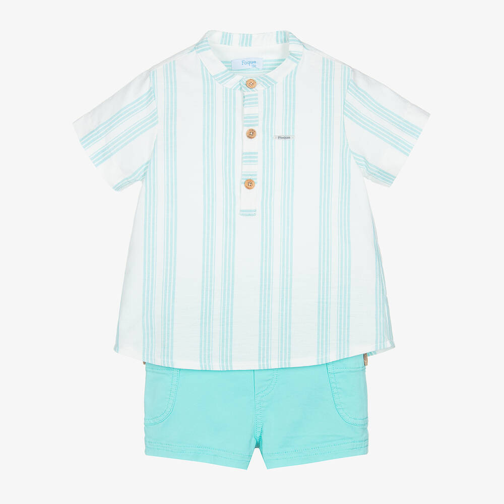Foque - Boys Ivory & Blue Striped Shorts Set | Childrensalon