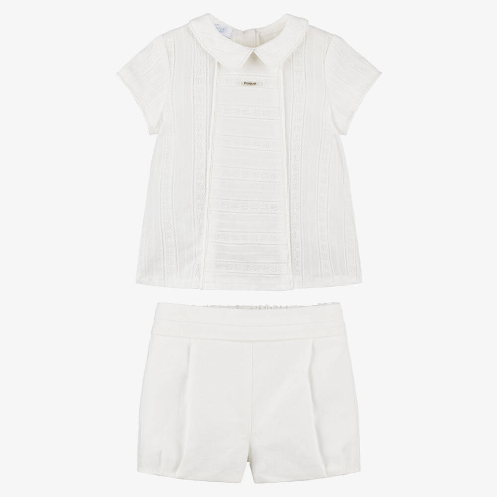 Foque-Boys Ivory Embroidered Shirt & Linen Blend Shorts Set | Childrensalon Outlet