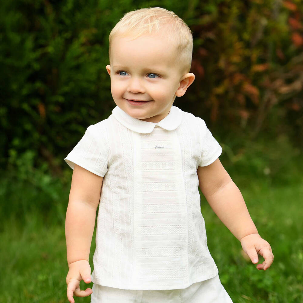 Foque-Boys Ivory Embroidered Shirt & Linen Blend Shorts Set | Childrensalon Outlet