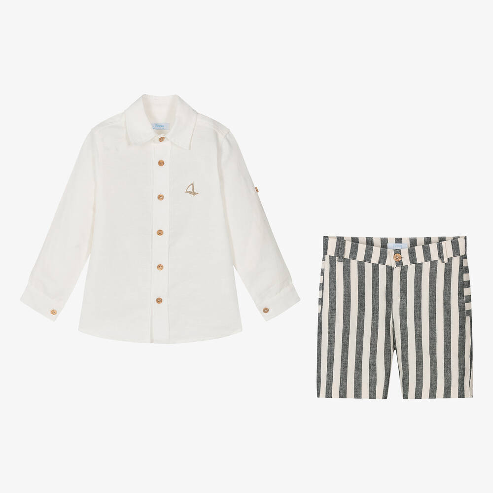 Foque-طقم شورت مزيج قطن وكتان لون عاجي للأولاد | Childrensalon Outlet