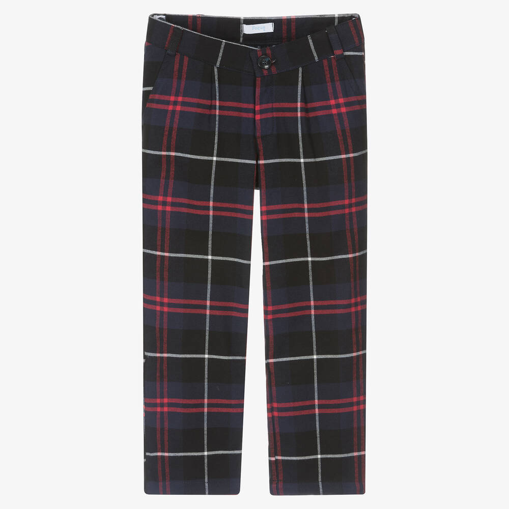 Foque - Boys Navy Blue Checked Cotton Trousers | Childrensalon