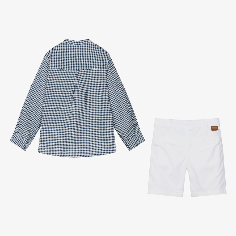 Foque-Boys Navy Blue Gingham Cotton Shorts Set | Childrensalon Outlet