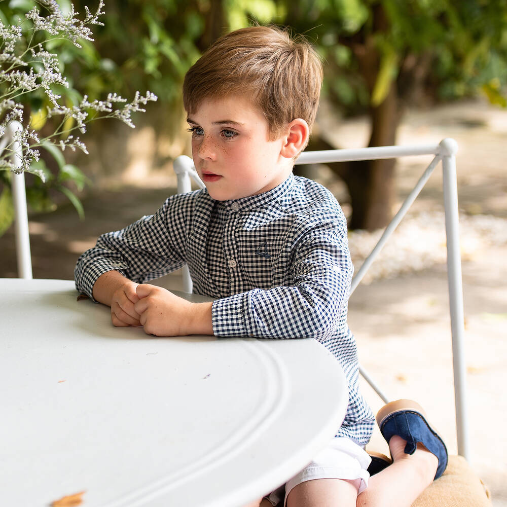 Foque-Boys Navy Blue Gingham Cotton Shorts Set | Childrensalon Outlet