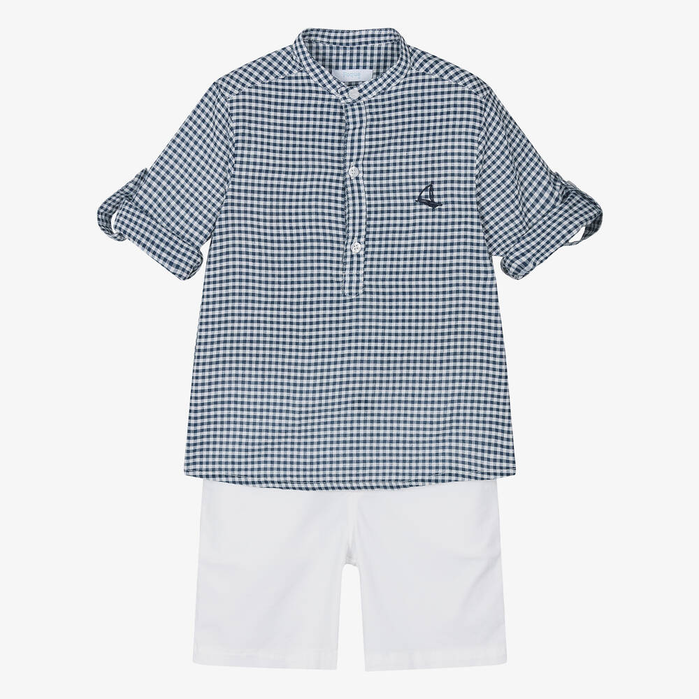 Foque-Boys Navy Blue Gingham Cotton Shorts Set | Childrensalon Outlet