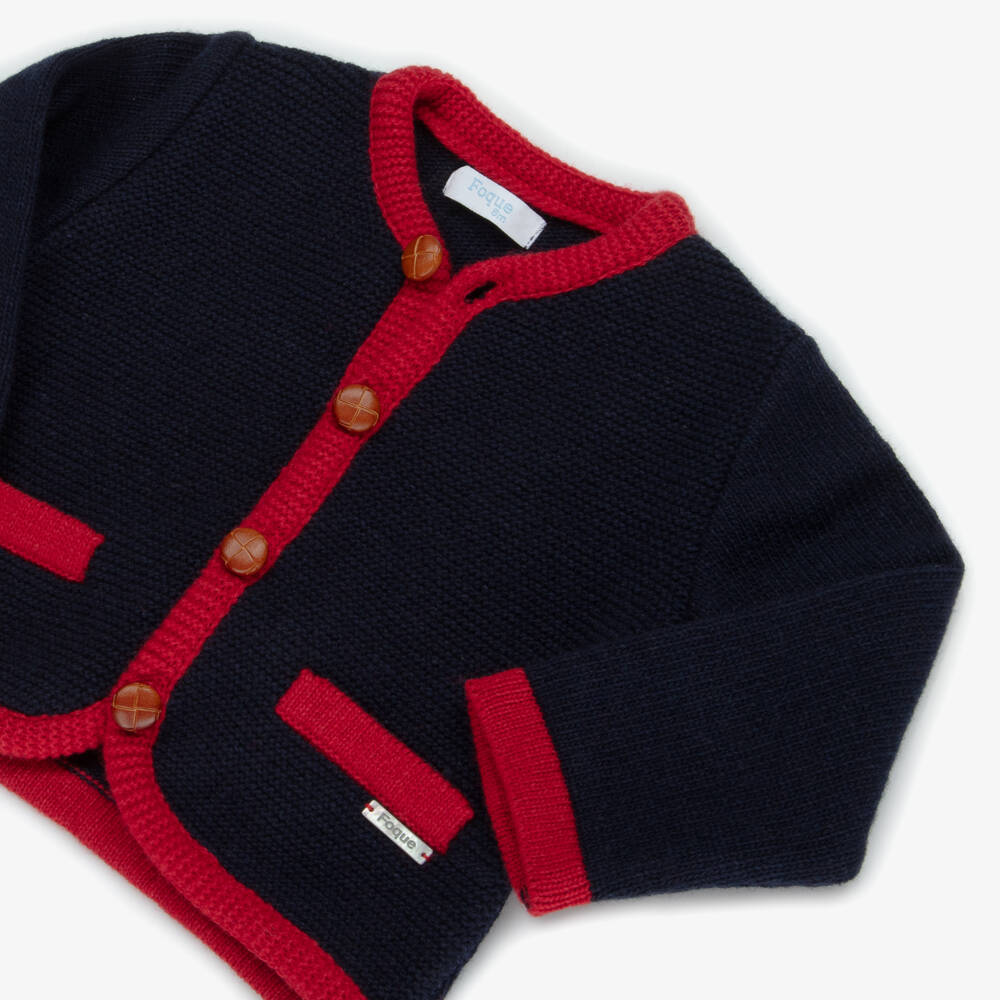 Foque-Boys Navy Blue & Red Wool Knit Cardigan | Childrensalon Outlet