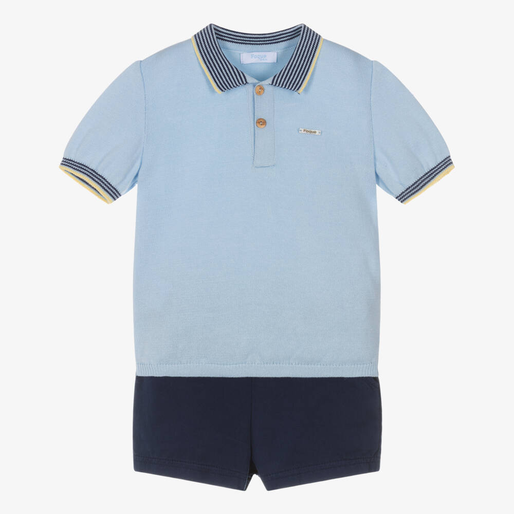 Foque-Boys Pale Blue Knitted Polo & Navy Blue Twill Shorts Set | Childrensalon Outlet