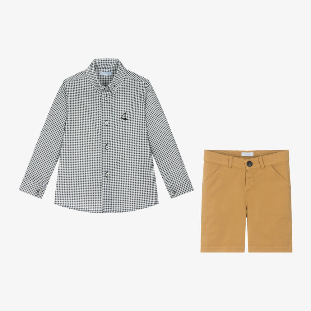 Foque-Boys Plaid Shirt and Beige Shorts Set | Childrensalon Outlet
