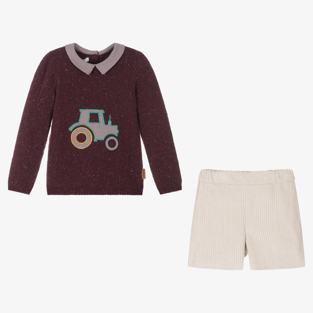 Foque-Boys Purple Wool & Beige Shorts Set | Childrensalon Outlet