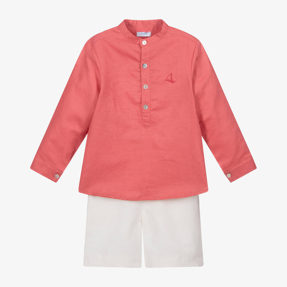 Foque - طقم شورت وقميص مزيج قطن وكتّان لون أحمر وعاجي | Childrensalon