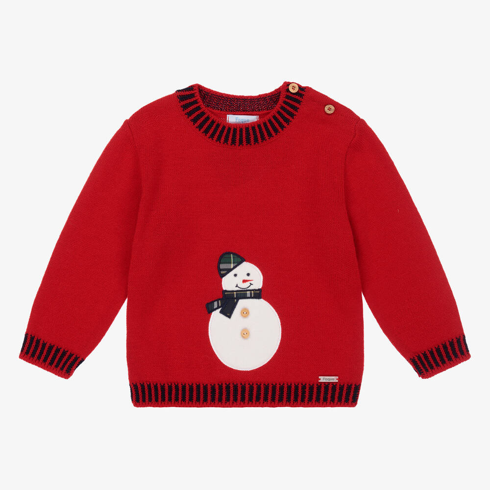 Foque - Roter Wollpullover mit Schneemann (J) | Childrensalon