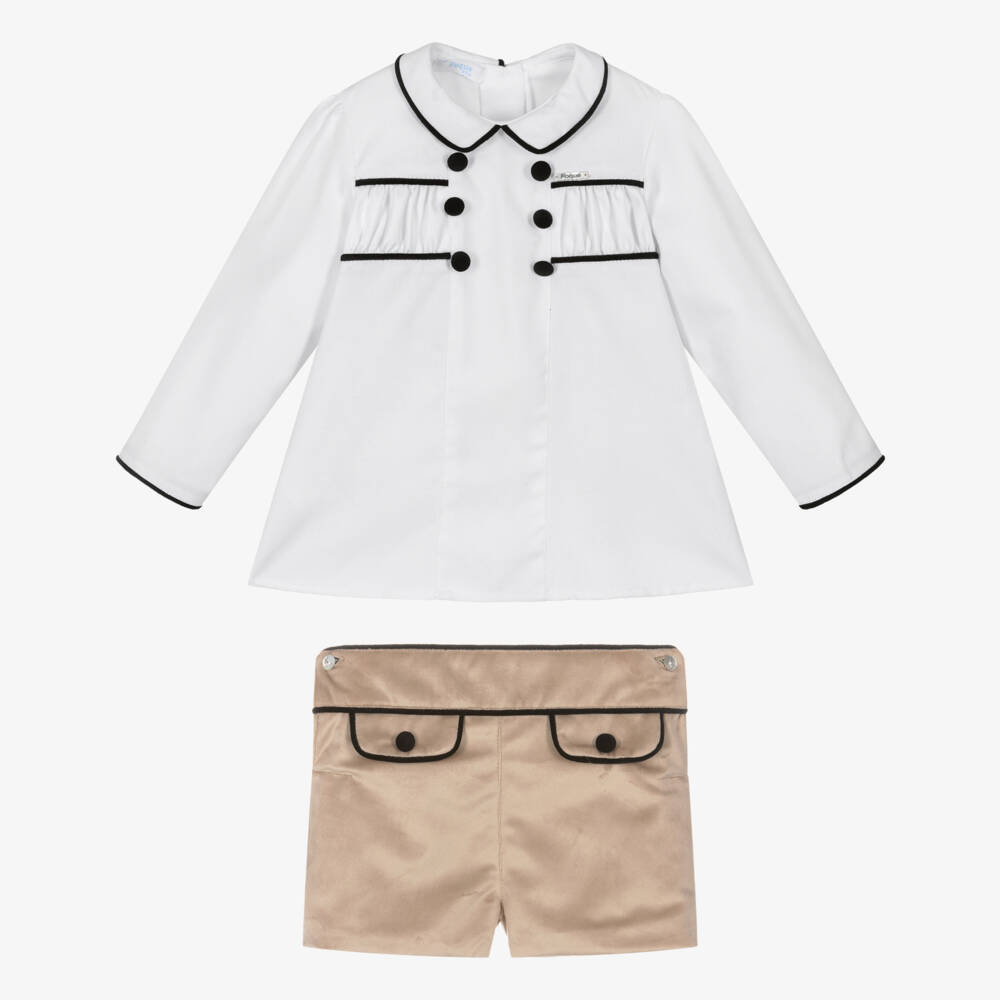 Foque-Boys White & Beige Velvet Shorts Set | Childrensalon Outlet