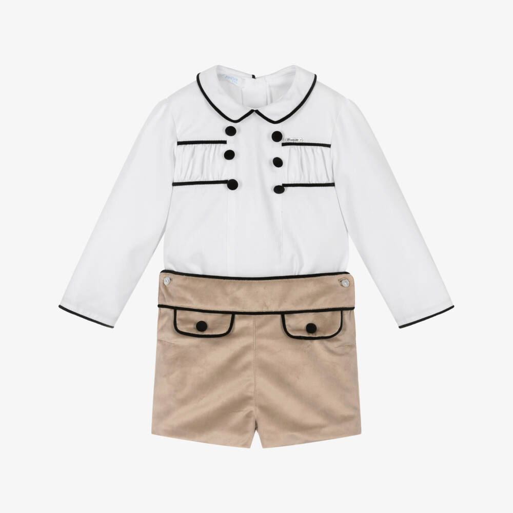 Foque-Boys White & Beige Velvet Shorts Set  | Childrensalon Outlet